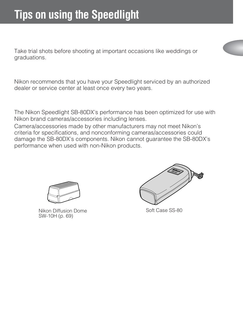 Tips on using the speedlight | Nikon SB-80DX User Manual | Page 3 / 108