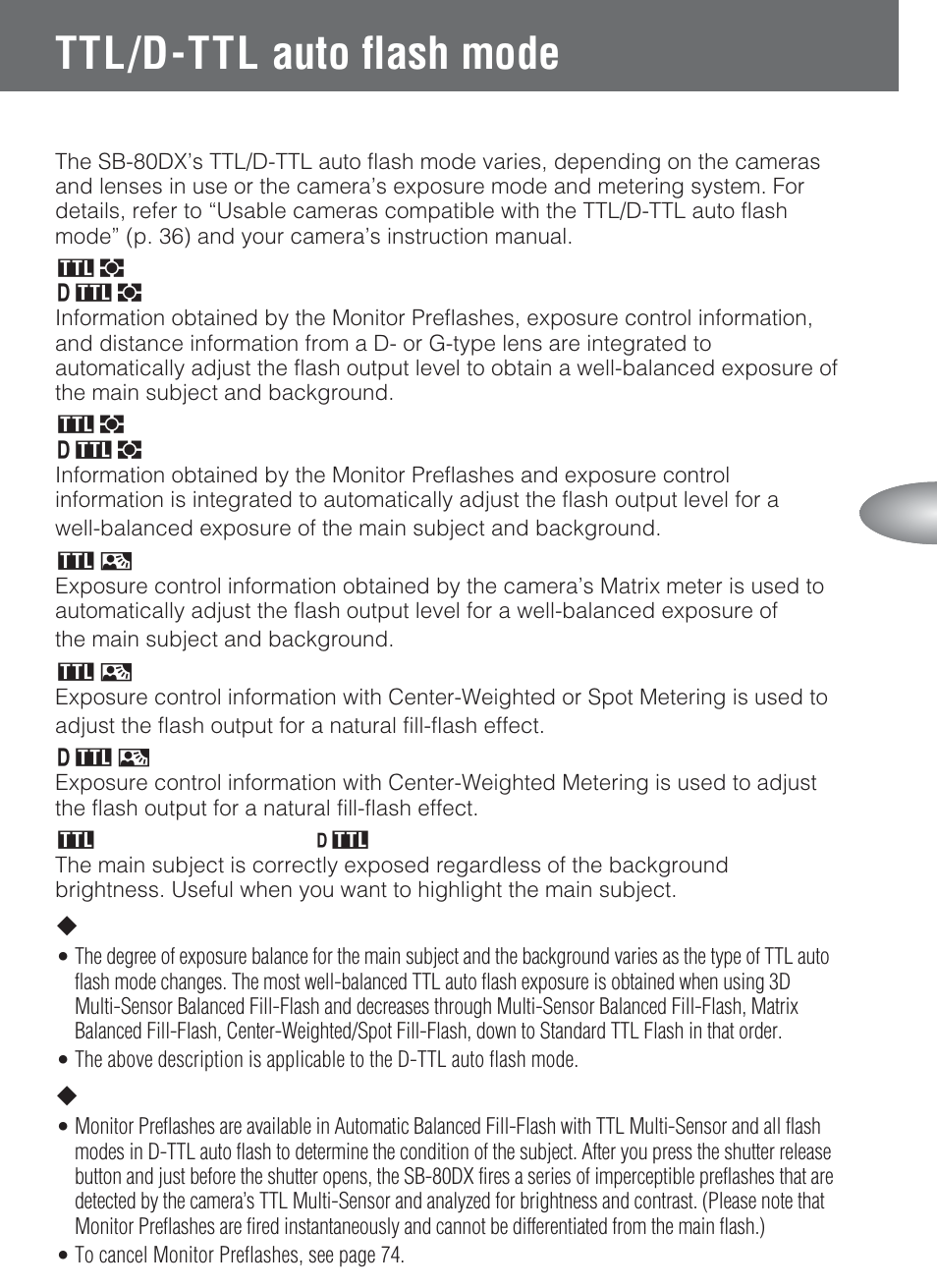 Ttl/d-ttl auto flash mode, Lmonitor preflashes | Nikon SB-80DX User Manual | Page 35 / 108