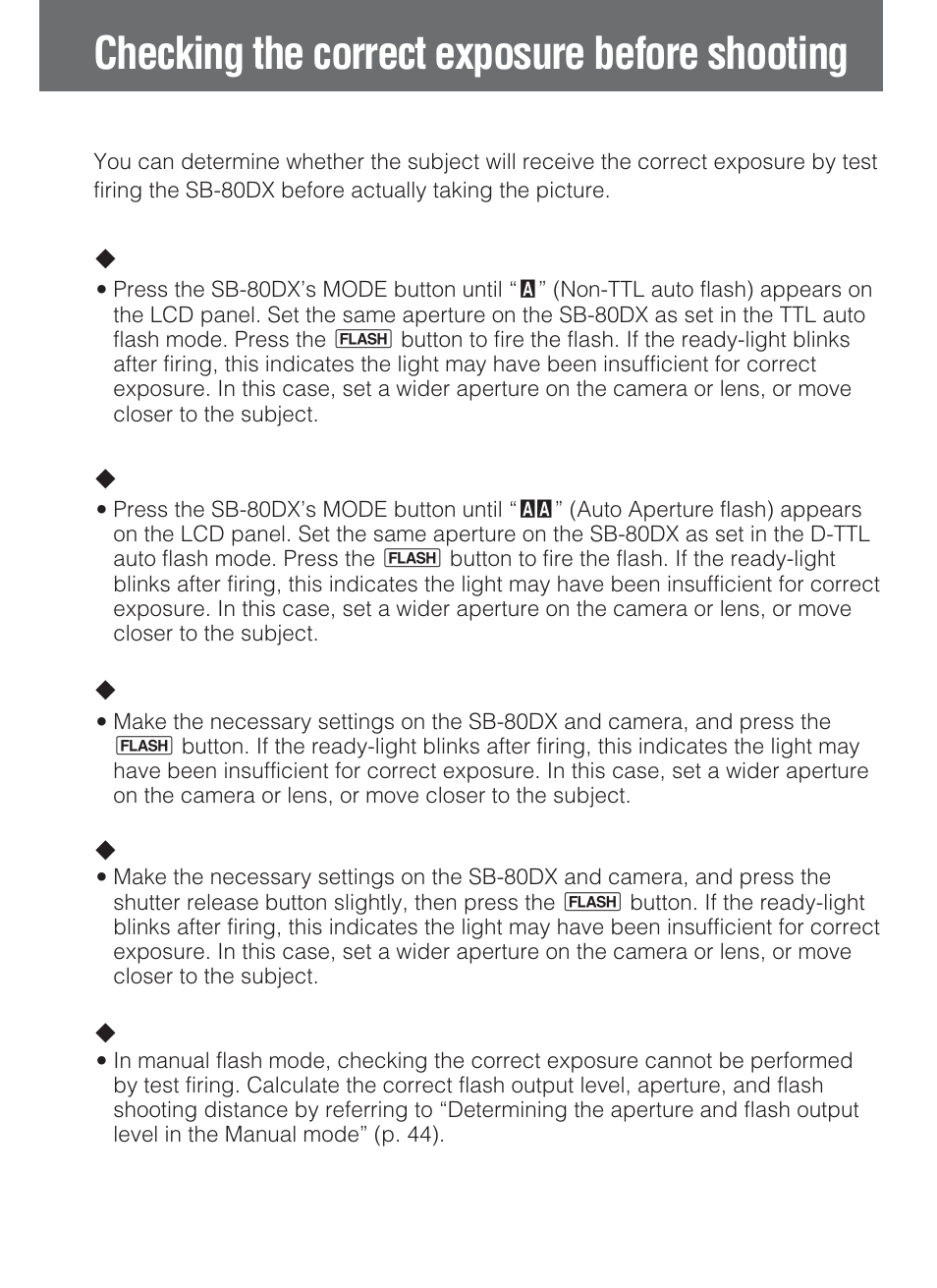 Checking the correct exposure before shooting | Nikon SB-80DX User Manual | Page 54 / 108