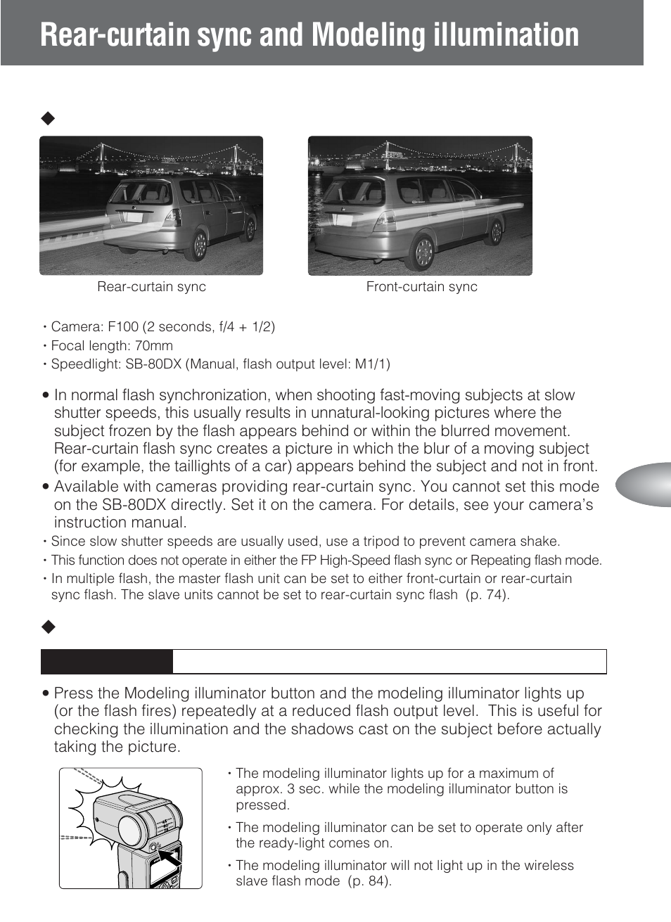 Rear-curtain sync and modeling illumination, Lmodeling illumination, Lrear-curtain sync | Nikon SB-80DX User Manual | Page 61 / 108