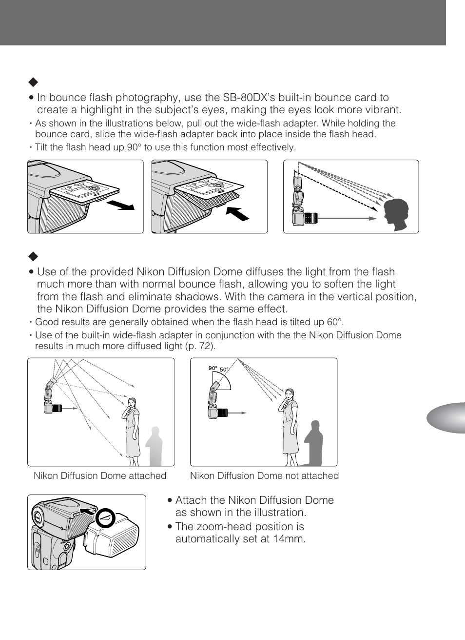 Lusing the built-in bounce card, Lshooting with the nikon diffusion dome | Nikon SB-80DX User Manual | Page 69 / 108