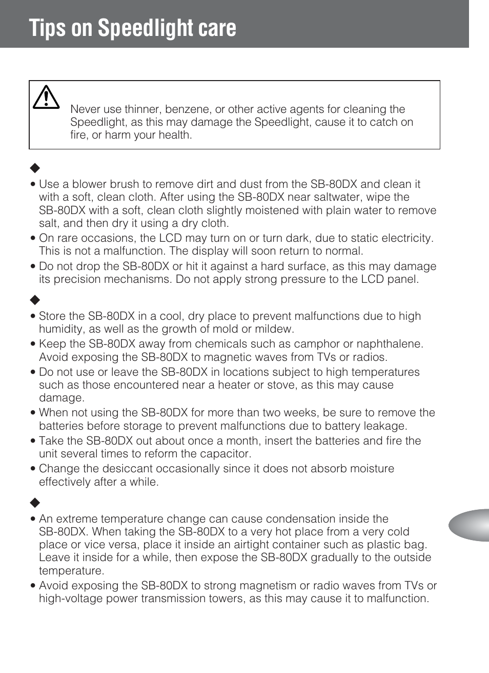 Tips on speedlight care, Lcleaning, Lstorage | Loperating location, Warning | Nikon SB-80DX User Manual | Page 95 / 108