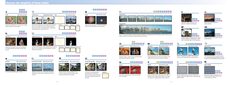 Discover the simplicity of scene modes, Scene modes, Back light museum | Sports, Copy portrait, Night portrait, Portrait, Landscape, Panorama assist, Night landscape | Nikon 16 User Manual | Page 8 / 13