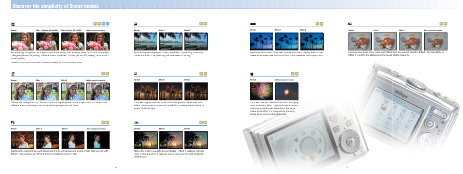 Discover the simplicity of scene modes, Advanced scene modes, Portrait | Night portrait, Landscape, Night landscape, Sunset, Dusk/dawn, Close up, Fireworks show | Nikon 16 User Manual | Page 9 / 13