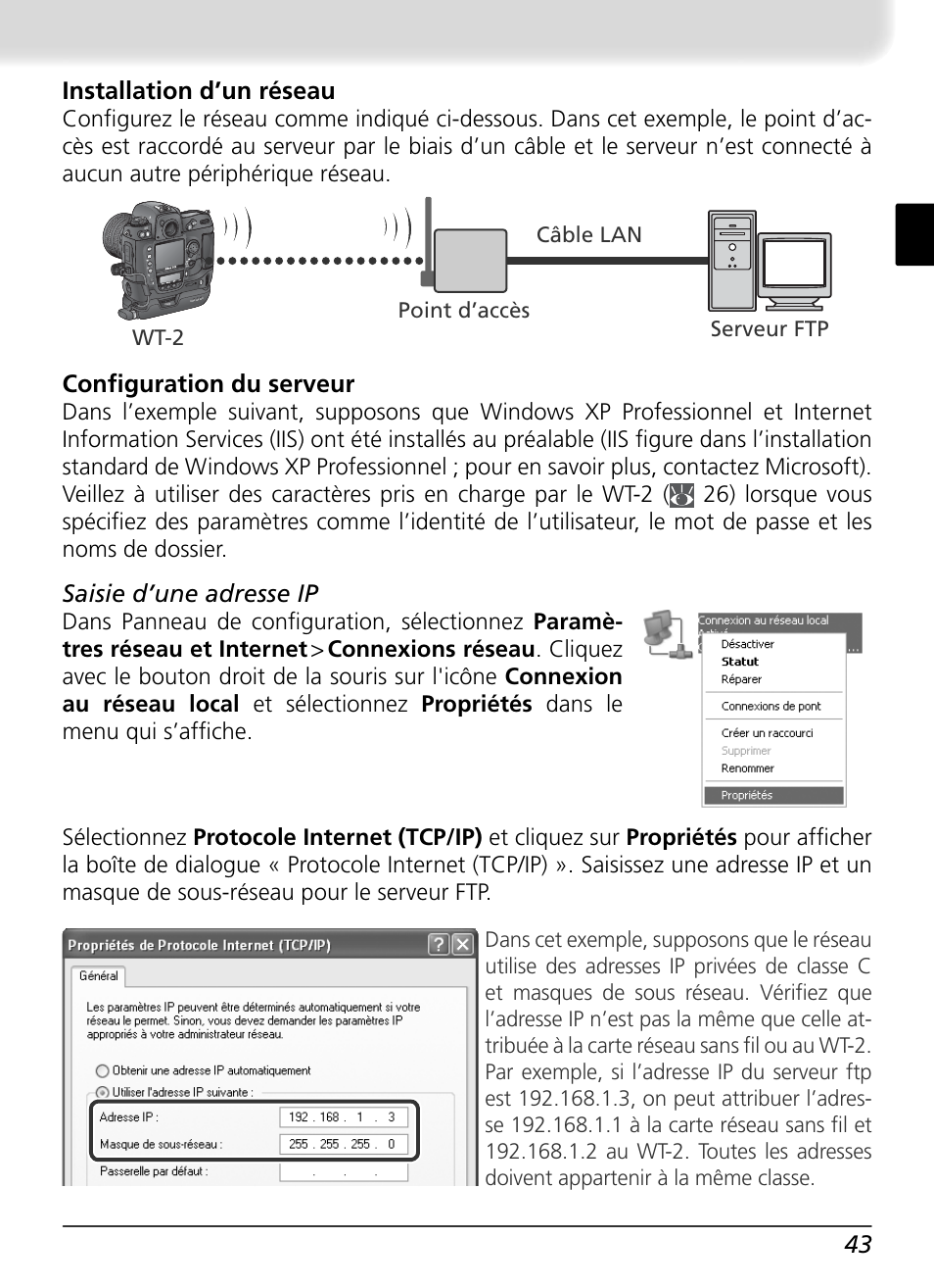 43 installation d’un réseau, Confi guration du serveur, Saisie d’une adresse ip | Nikon WT-2 User Manual | Page 112 / 187