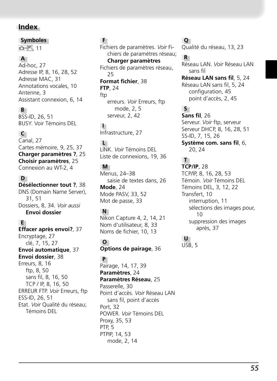 Index, 55 index | Nikon WT-2 User Manual | Page 124 / 187