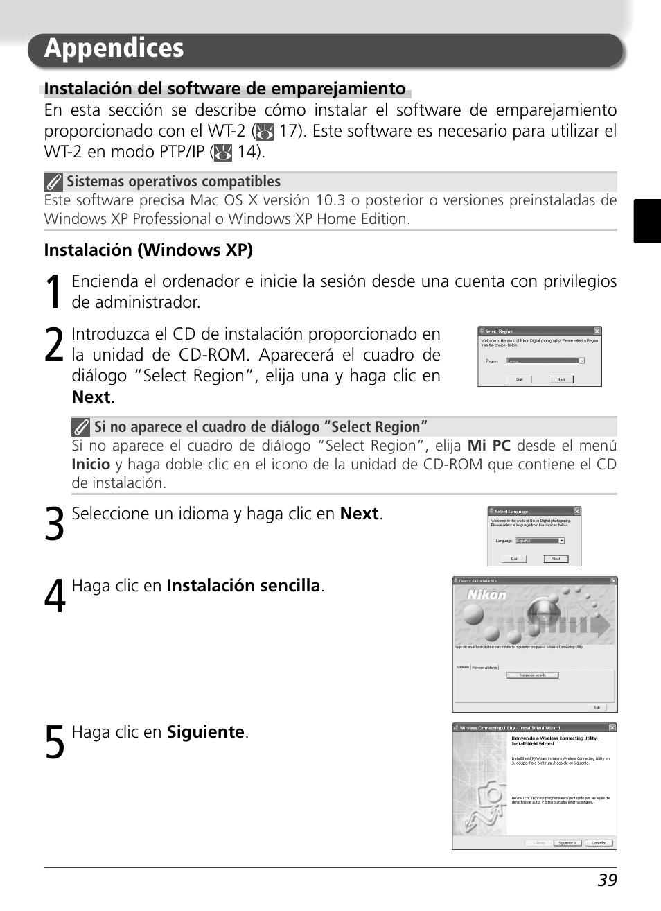 Appendices, Instalación del software de emparejamiento | Nikon WT-2 User Manual | Page 170 / 187