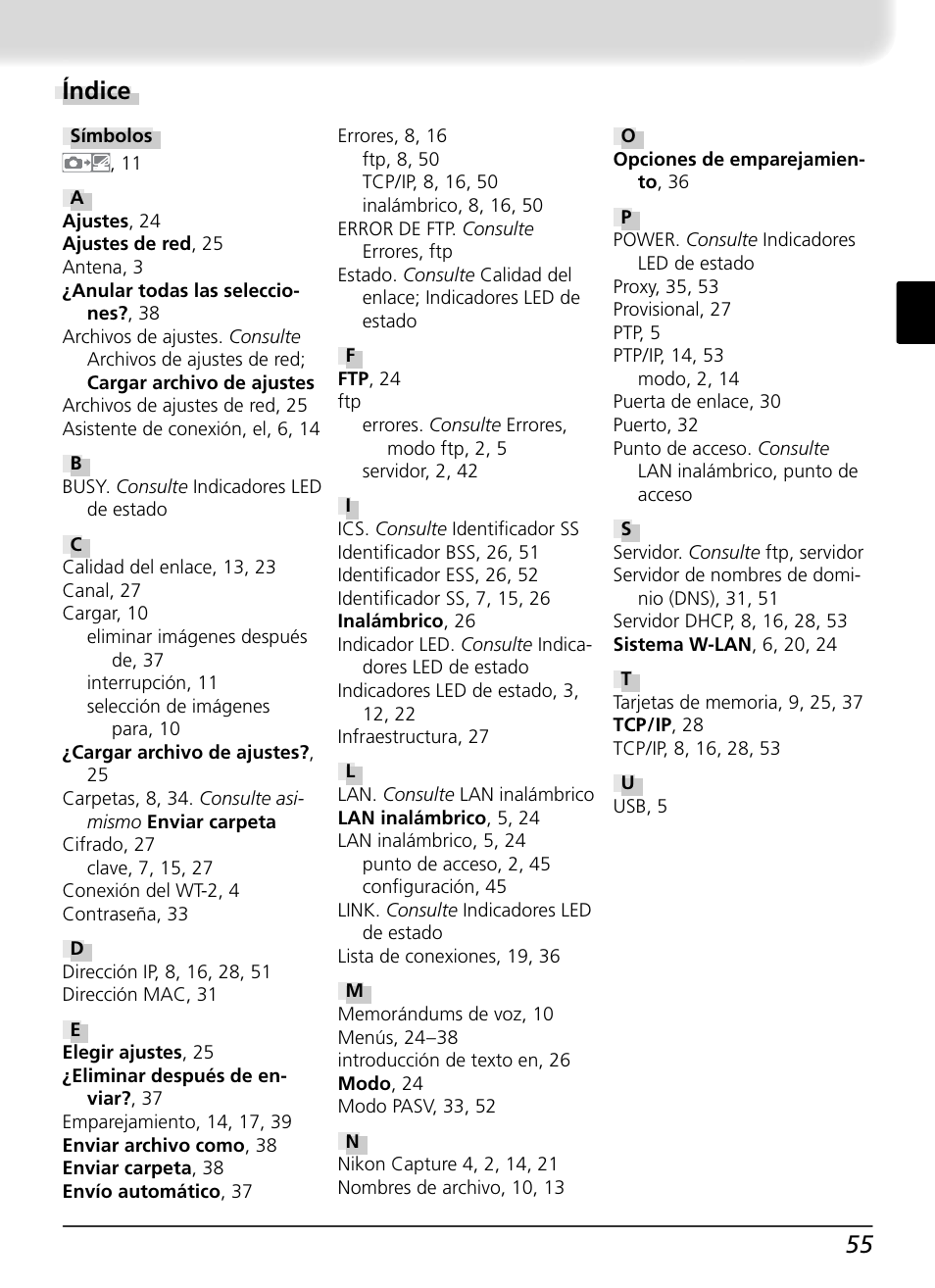 Índice, 55 índice | Nikon WT-2 User Manual | Page 186 / 187