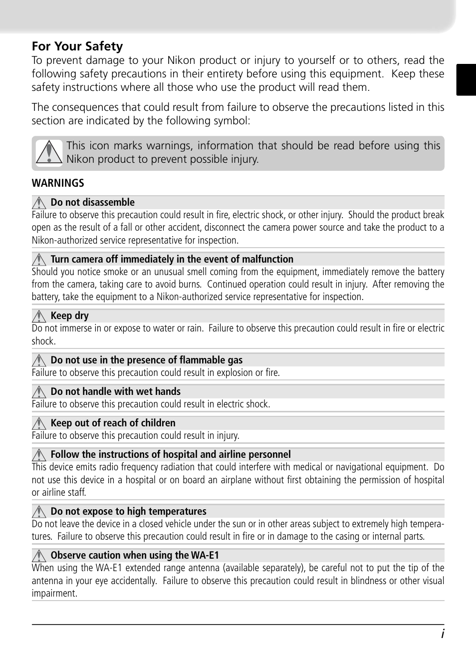 For your safety, Ifor your safety | Nikon WT-2 User Manual | Page 4 / 187
