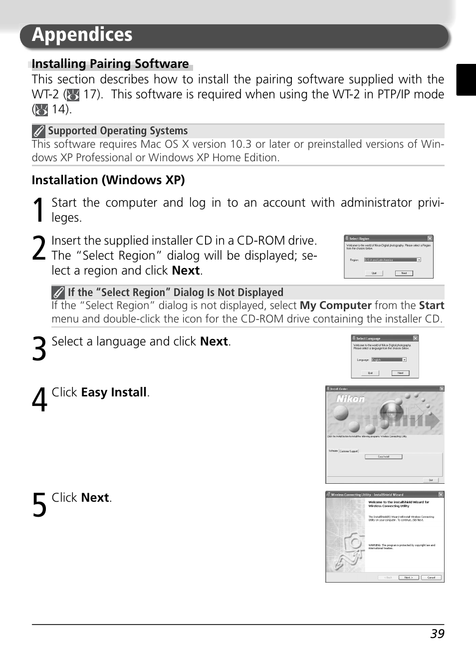 Appendices, Installing pairing software | Nikon WT-2 User Manual | Page 46 / 187