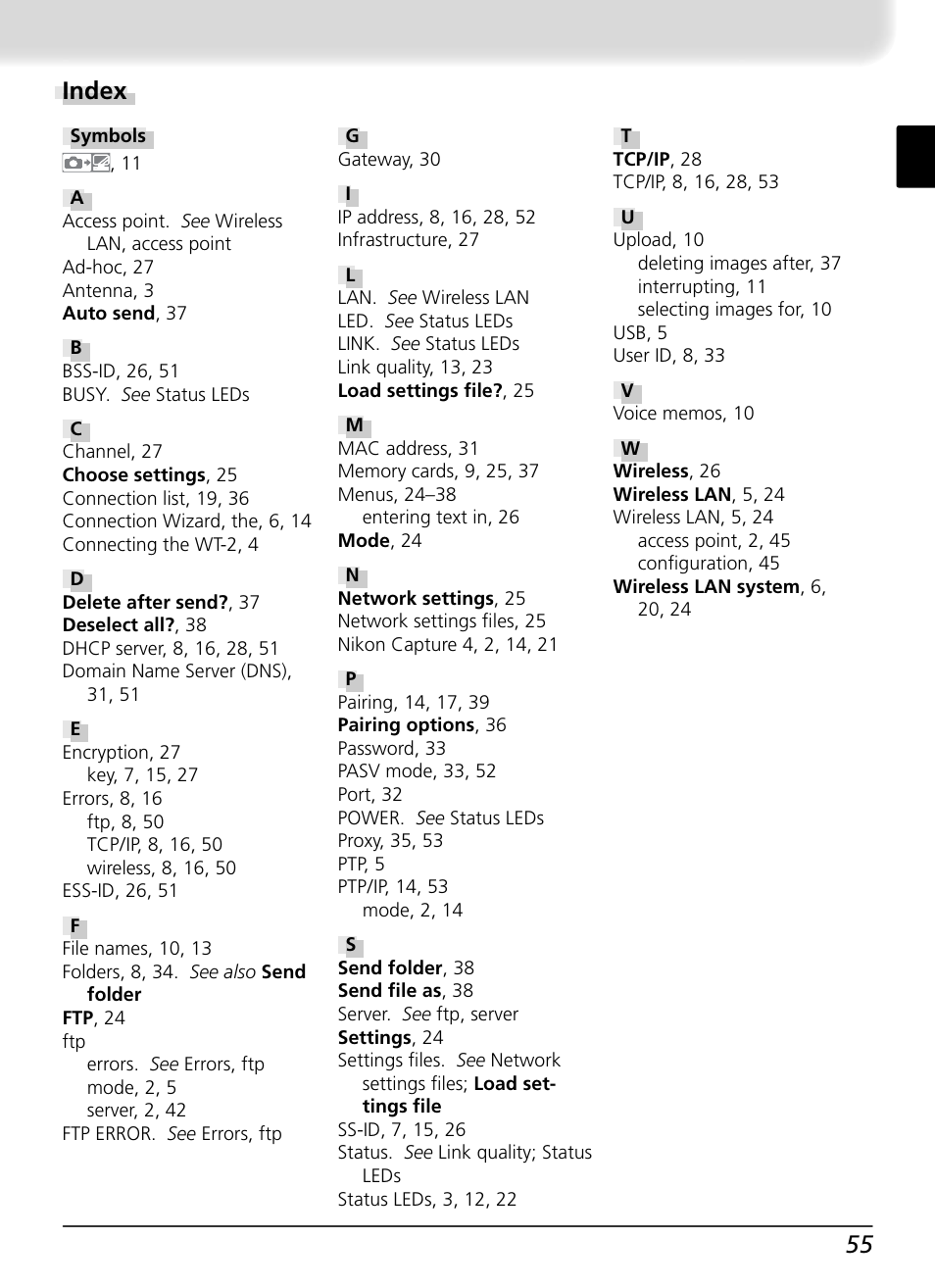 Index, 55 index | Nikon WT-2 User Manual | Page 62 / 187