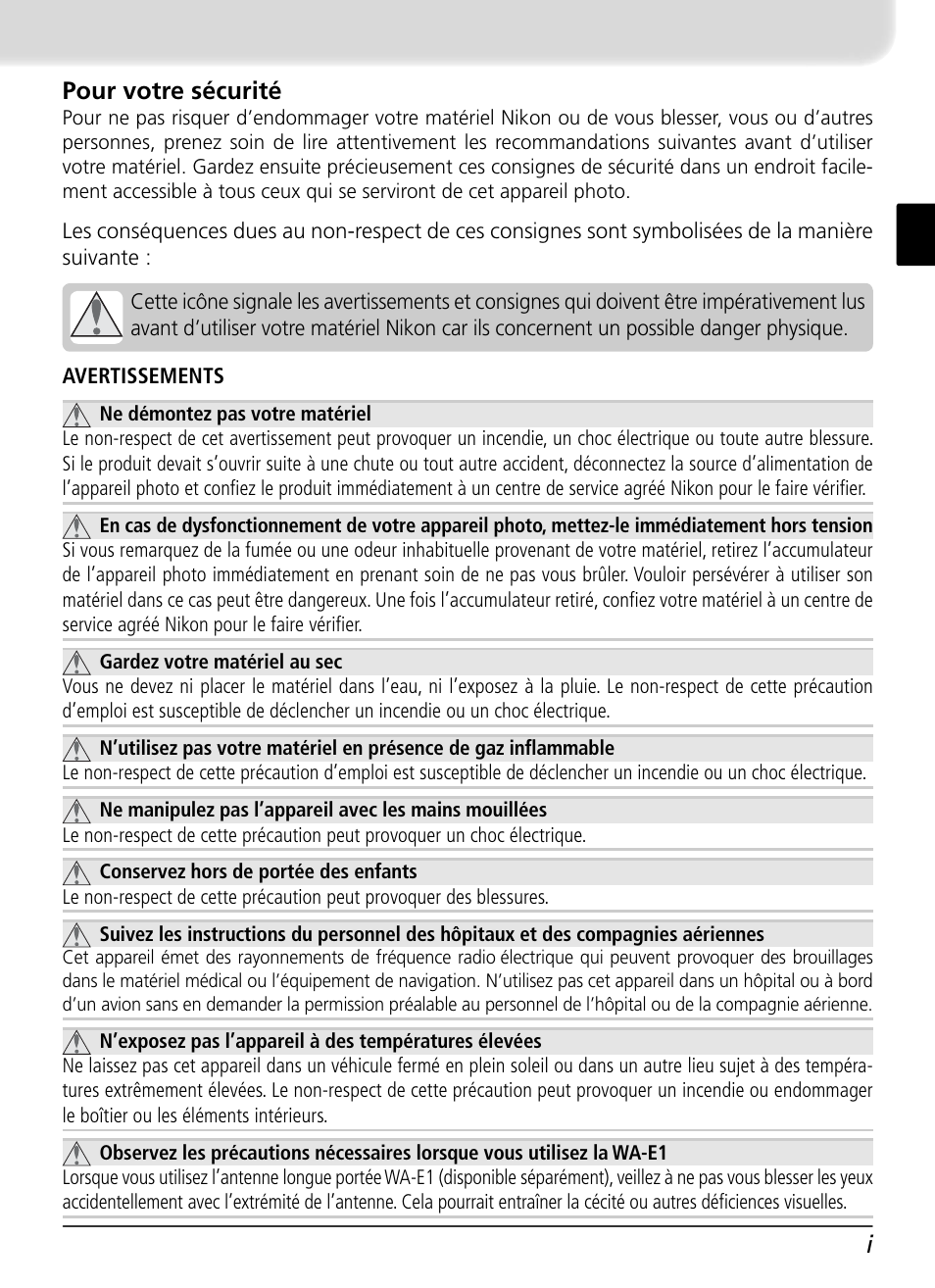 Pour votre sécurité, Ipour votre sécurité | Nikon WT-2 User Manual | Page 66 / 187