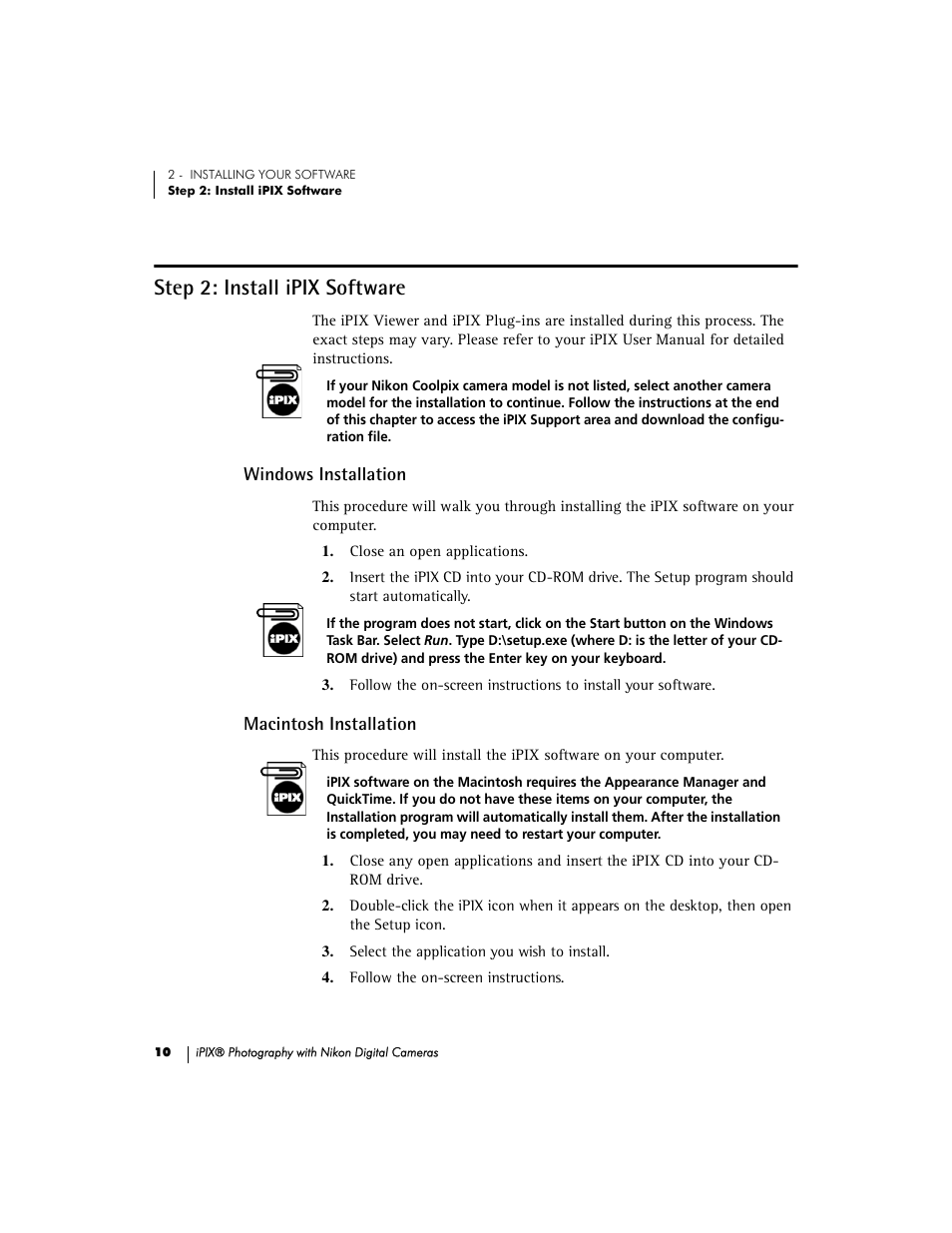 Step 2: install ipix software, Windows installation, Macintosh installation | Nikon 990 User Manual | Page 15 / 51