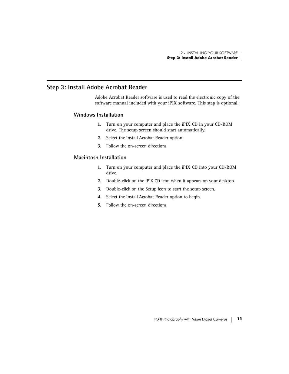 Step 3: install adobe acrobat reader, Windows installation, Macintosh installation | Nikon 990 User Manual | Page 16 / 51