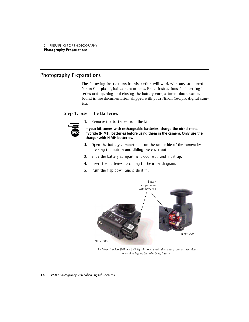 Photography preparations, Step 1: insert the batteries | Nikon 990 User Manual | Page 19 / 51