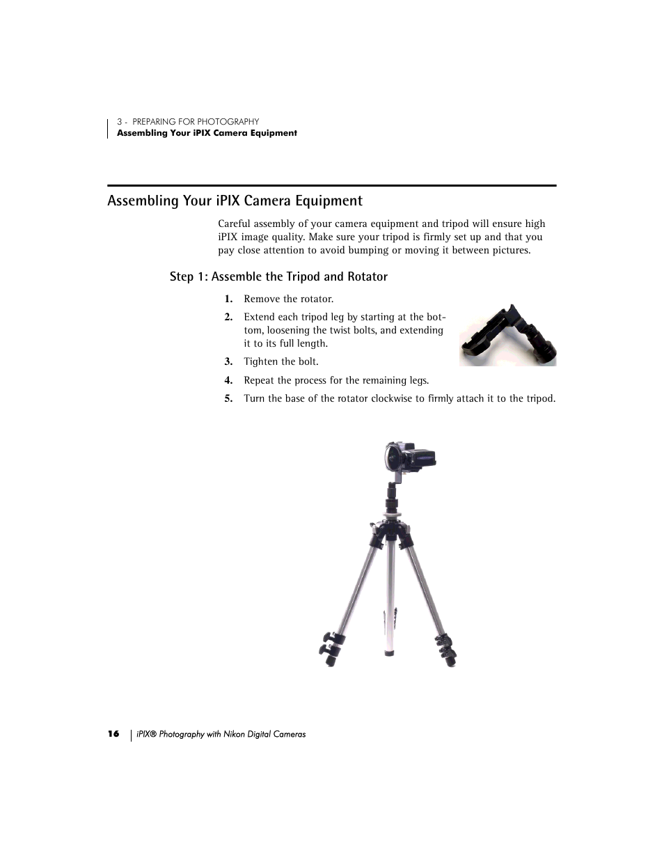 Assembling your ipix camera equipment, Step 1: assemble the tripod and rotator | Nikon 990 User Manual | Page 21 / 51
