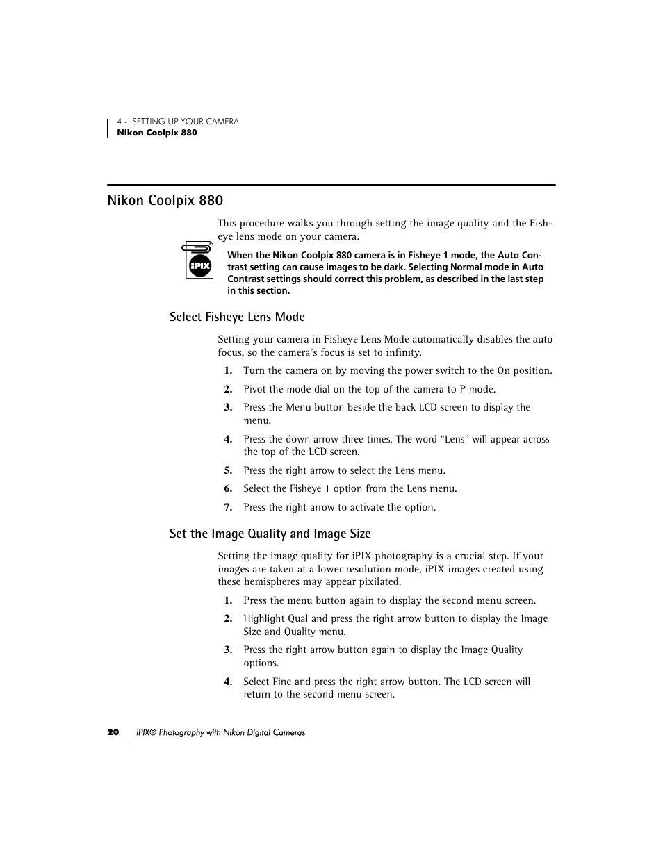 Nikon coolpix 880, Select fisheye lens mode, Set the image quality and image size | Nikon 990 User Manual | Page 25 / 51