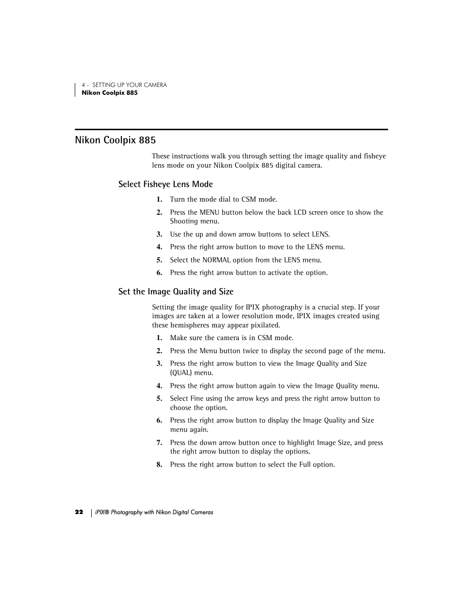 Nikon coolpix 885, Select fisheye lens mode, Set the image quality and size | Nikon 990 User Manual | Page 27 / 51