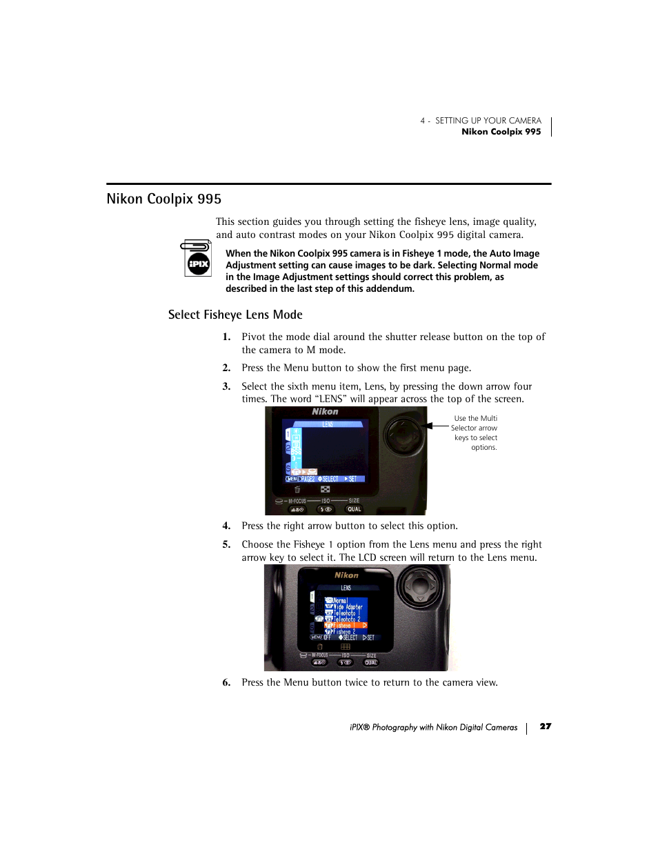 Nikon coolpix 995, Select fisheye lens mode | Nikon 990 User Manual | Page 32 / 51