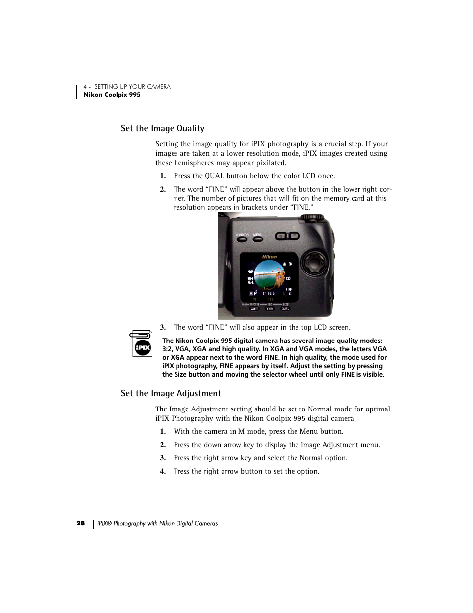 Set the image quality, Set the image adjustment | Nikon 990 User Manual | Page 33 / 51
