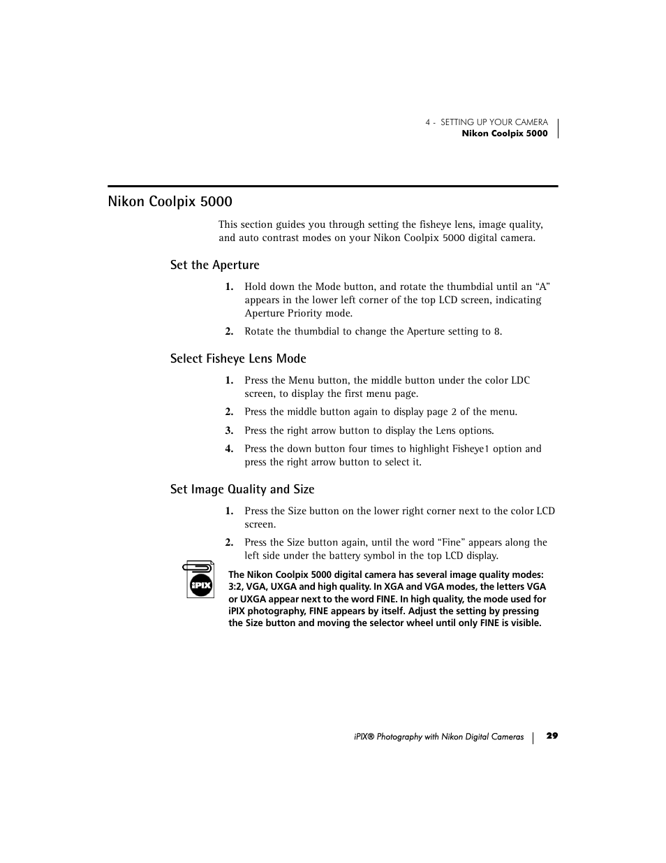 Nikon coolpix 5000, Set the aperture, Select fisheye lens mode | Set image quality and size | Nikon 990 User Manual | Page 34 / 51