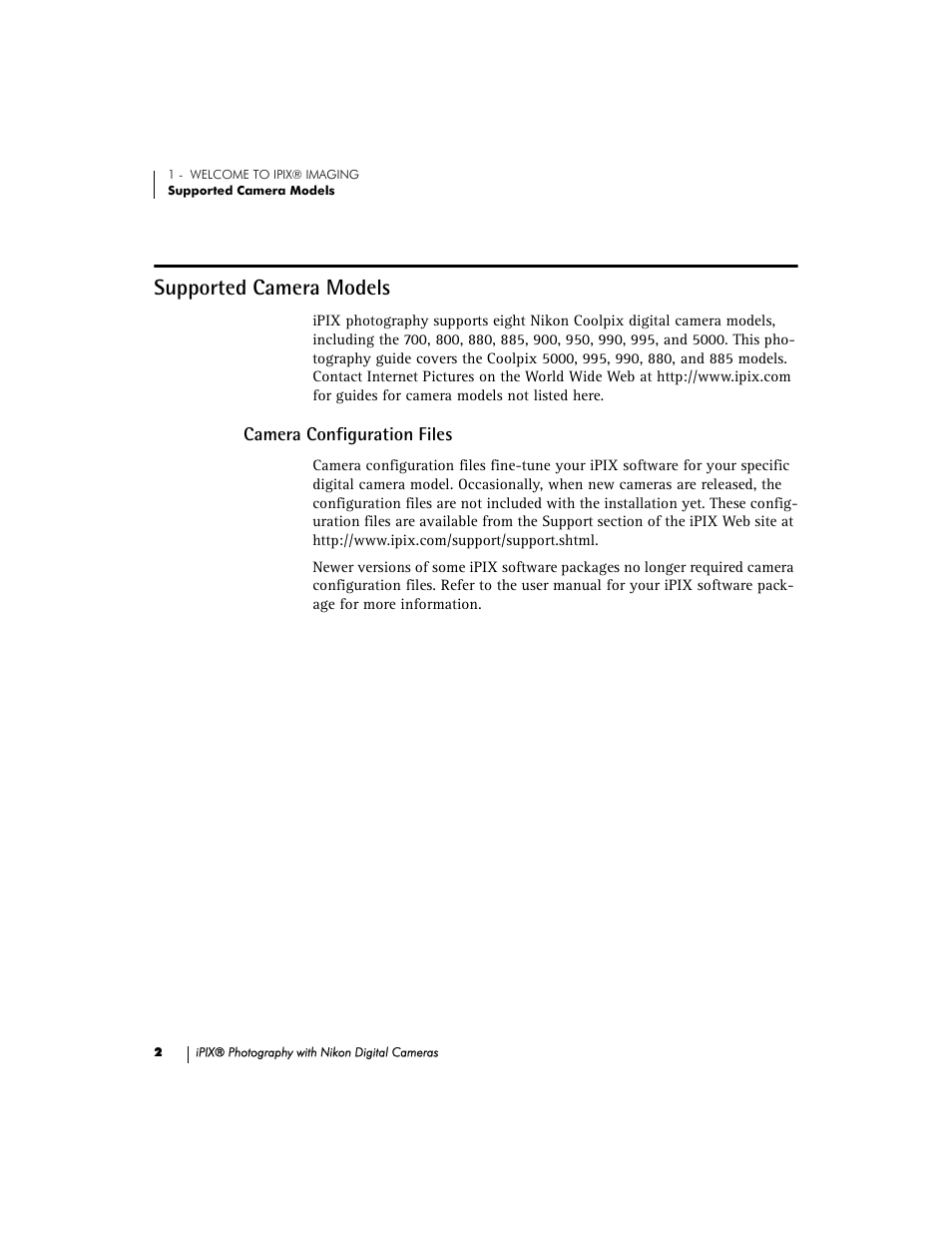 Supported camera models, Camera configuration files | Nikon 990 User Manual | Page 7 / 51