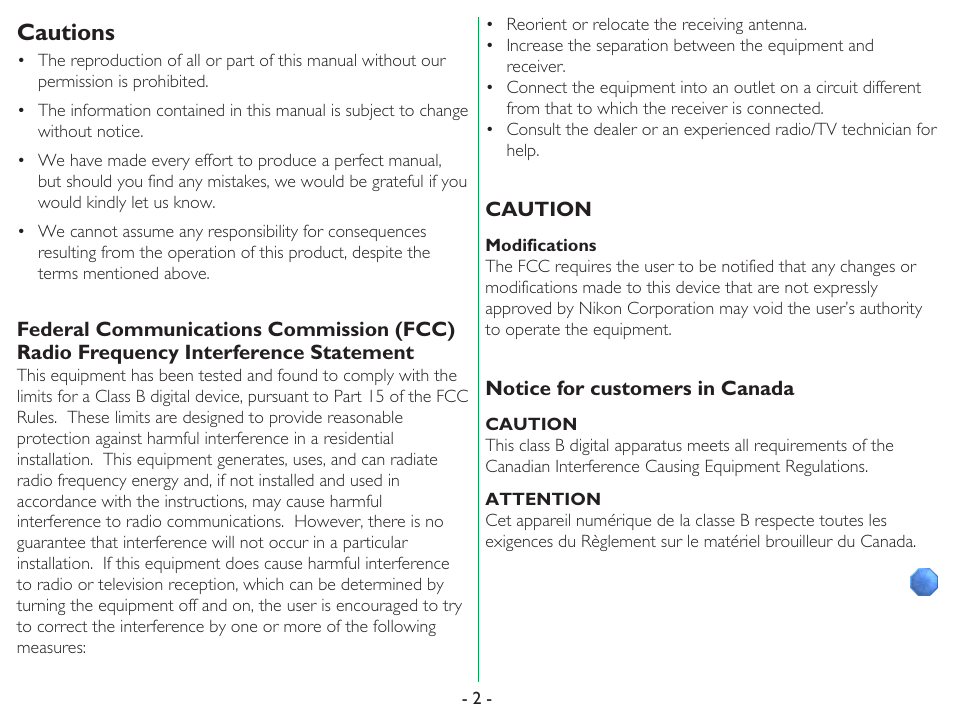 Cautions | Nikon AF-10 User Manual | Page 2 / 10