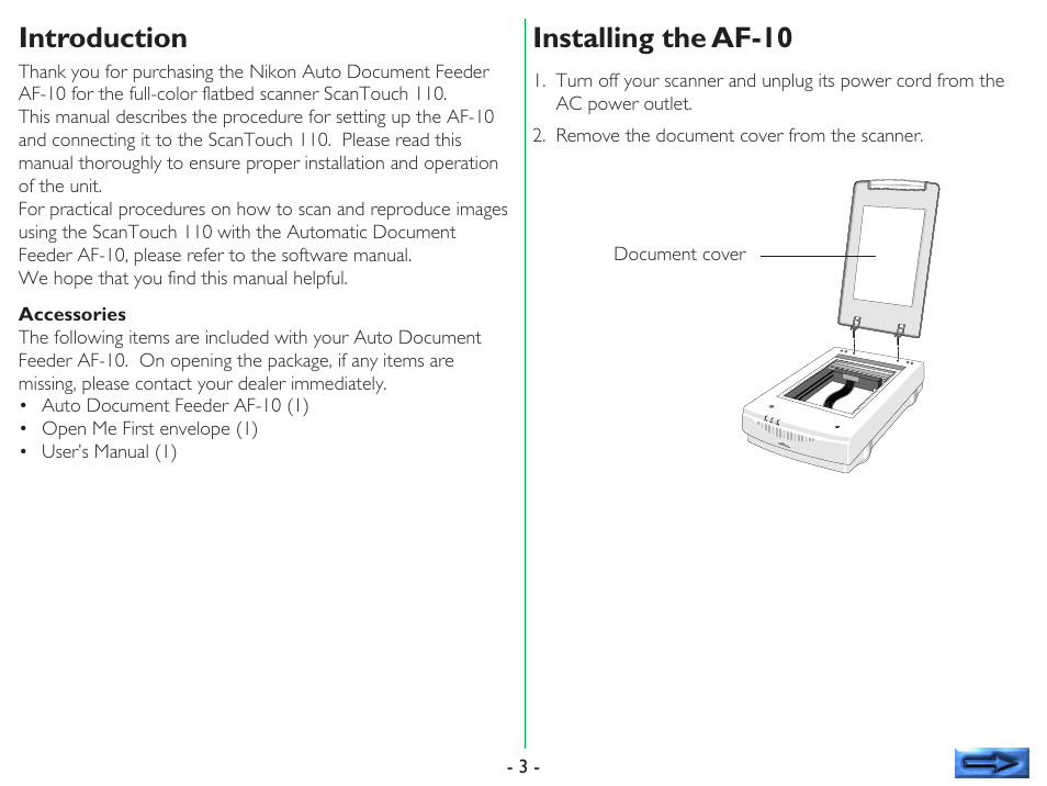 Introduction, Installing the af-10 | Nikon AF-10 User Manual | Page 3 / 10