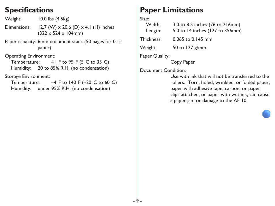 Specifications, Paper limitations | Nikon AF-10 User Manual | Page 9 / 10