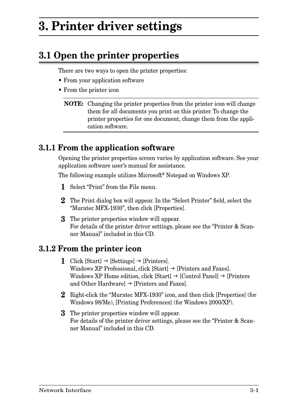 Printer driver settings, 1 open the printer properties, 1 from the application software | 2 from the printer icon, Printer driver settings -1, 1 open the printer properties -1 | Nikon MFX-1930 User Manual | Page 13 / 50