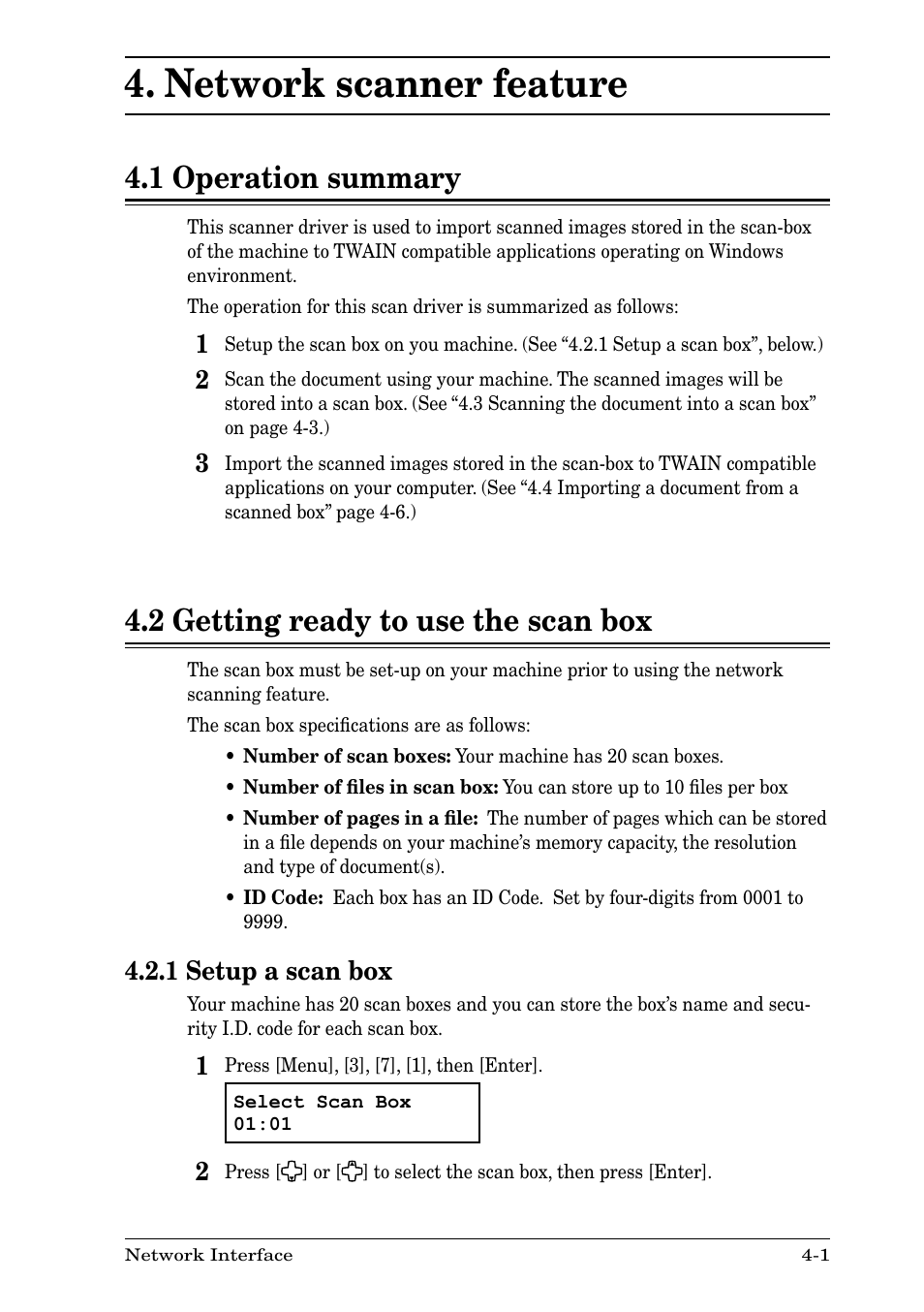 Network scanner feature, 1 operation summary, 2 getting ready to use the scan box | 1 setup a scan box, Network scanner feature -1, 1 setup a scan box -1 | Nikon MFX-1930 User Manual | Page 15 / 50