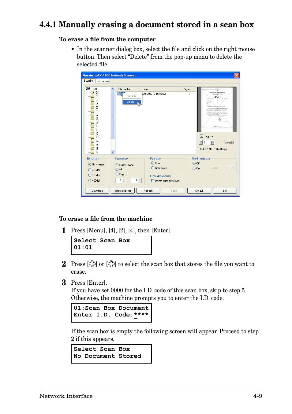 1 manually erasing a document stored in a scan box | Nikon MFX-1930 User Manual | Page 23 / 50