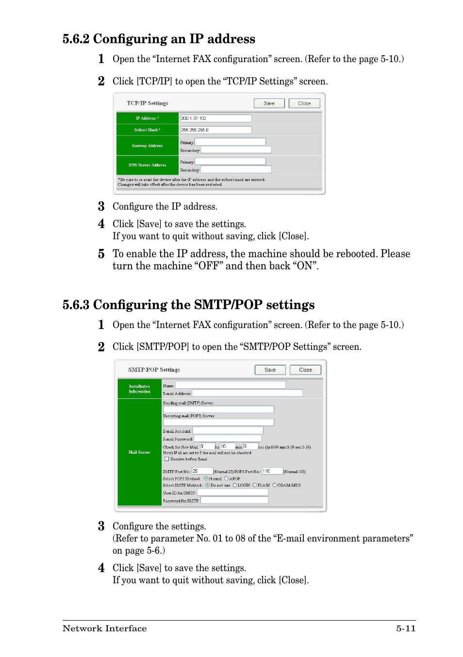 2 configuring an ip address, 3 configuring the smtp/pop settings, 2 conﬁguring an ip address | 3 conﬁguring the smtp/pop settings | Nikon MFX-1930 User Manual | Page 37 / 50