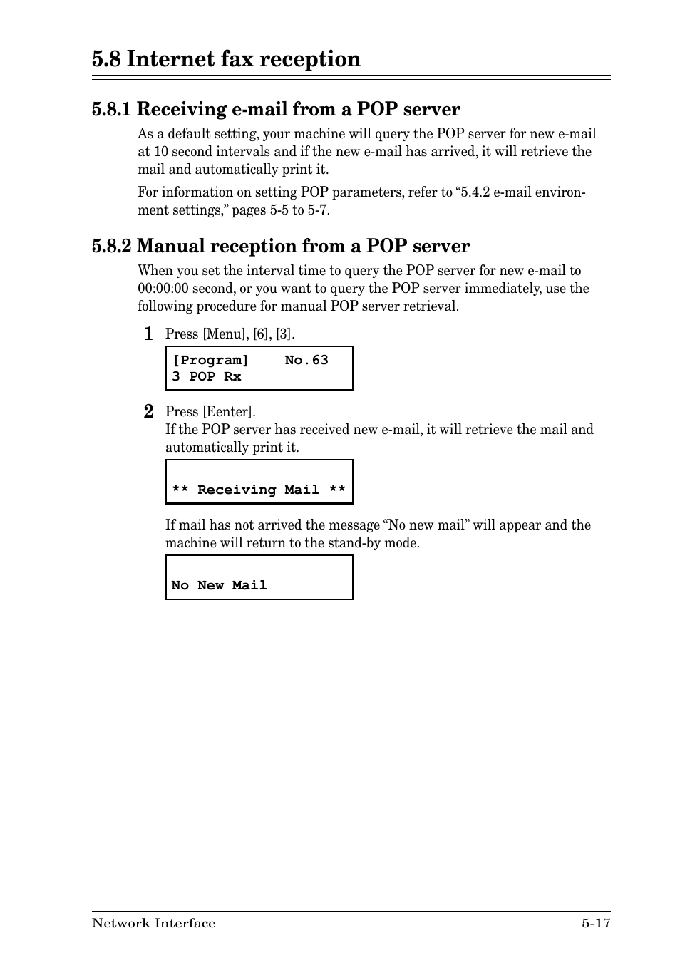 8 internet fax reception, 1 receiving e-mail from a pop server, 2 manual reception from a pop server | 8 internet fax reception -17 | Nikon MFX-1930 User Manual | Page 43 / 50