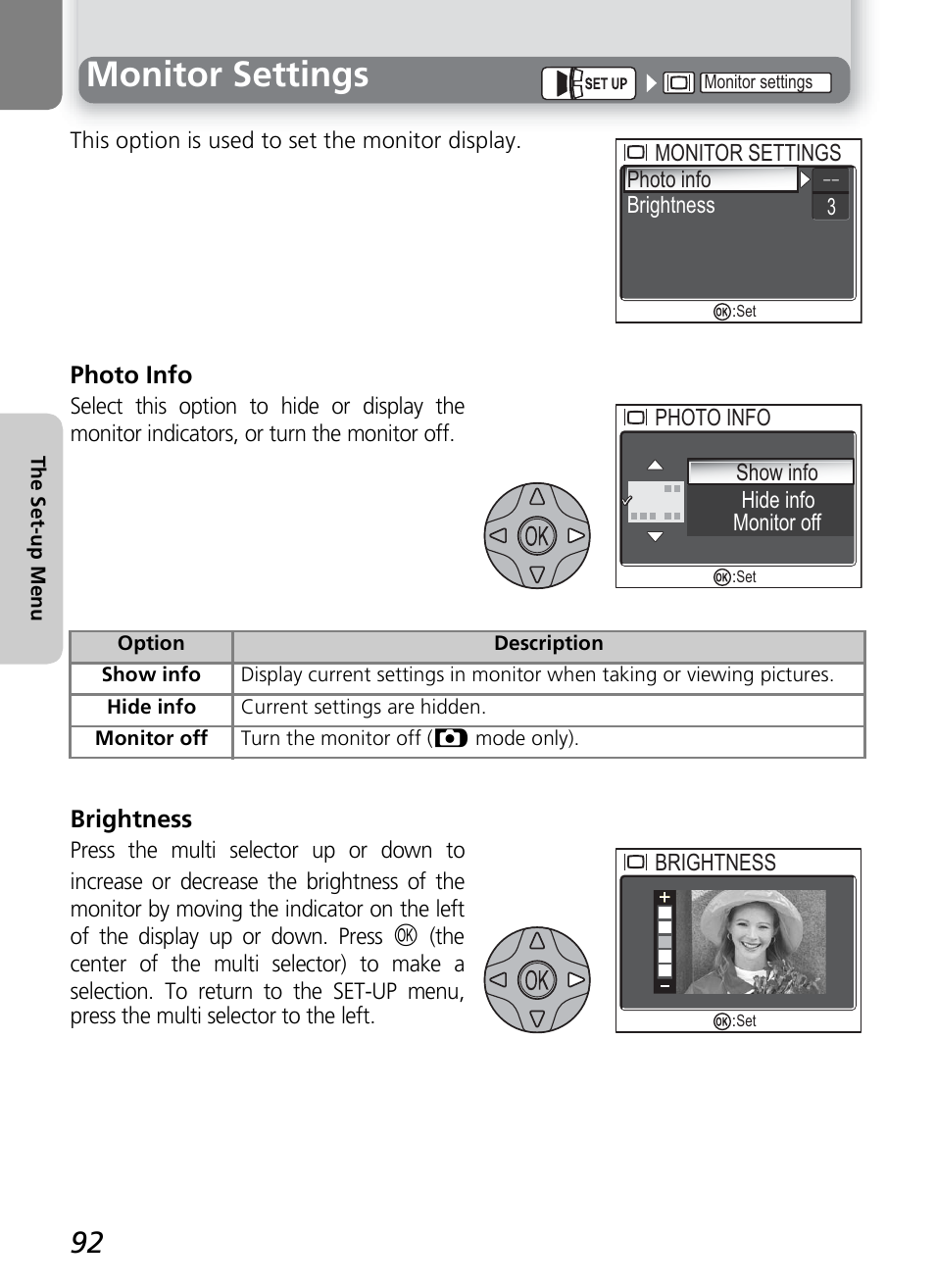 Monitor settings, Photo info, Brightness | Nikon 4600 User Manual | Page 102 / 128