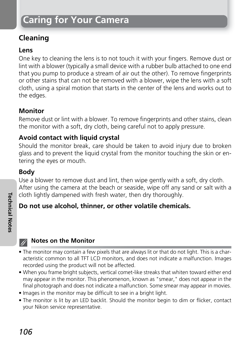 Caring for your camera, Cleaning | Nikon 4600 User Manual | Page 116 / 128