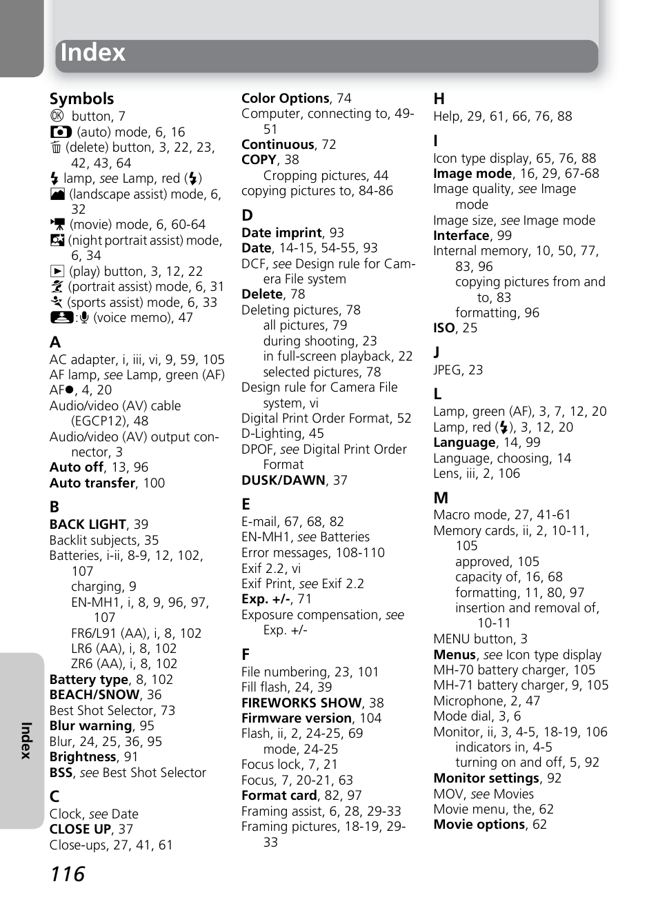 Index | Nikon 4600 User Manual | Page 126 / 128