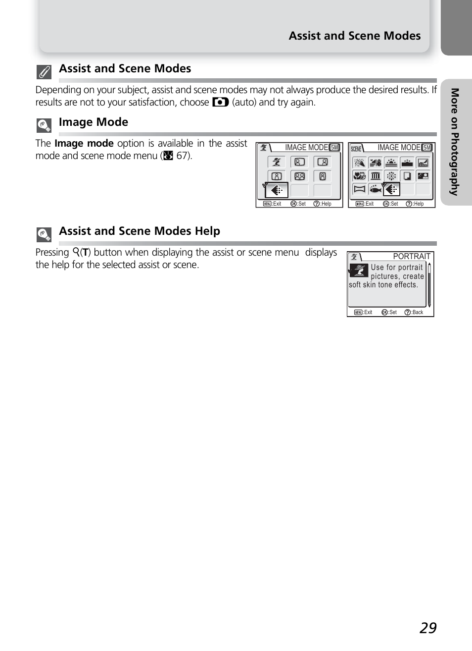 Assist and scene modes, Image mode, Assist and scene modes help | Mo re on p hot ogra phy | Nikon 4600 User Manual | Page 39 / 128