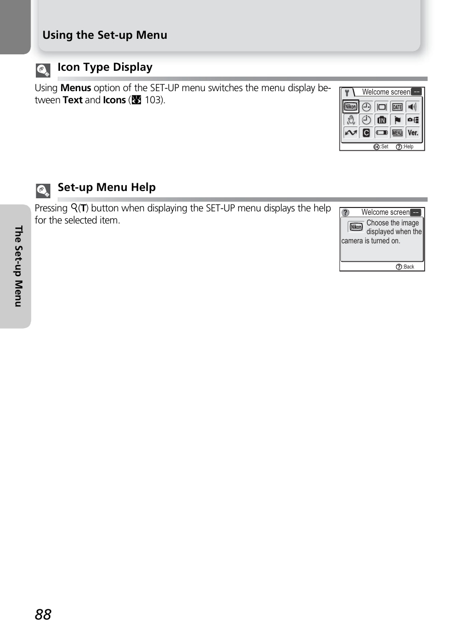Using the set-up menu, Icon type display, Set-up menu help | Nikon 4600 User Manual | Page 98 / 128