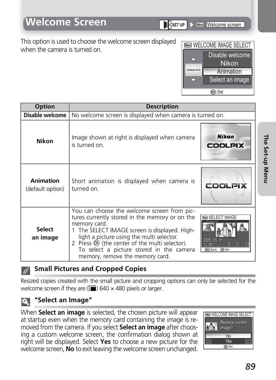 Welcome screen, Disable welcome nikon animation select an image, Welcome image select | Nikon 4600 User Manual | Page 99 / 128