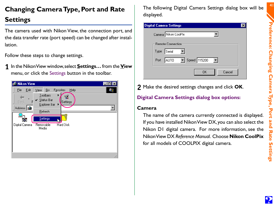 Changing camera type, port and rate settings | Nikon Digital Cameras User Manual | Page 41 / 51