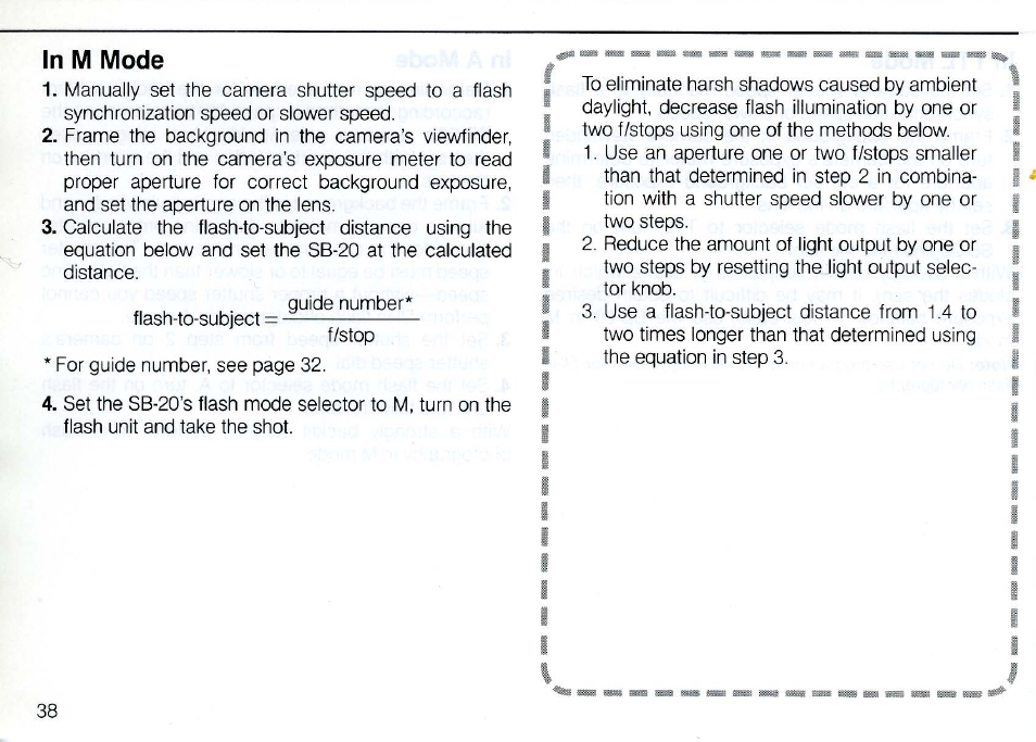 M mode (for manual flash exposure control) | Nikon SB 20 User Manual | Page 40 / 88