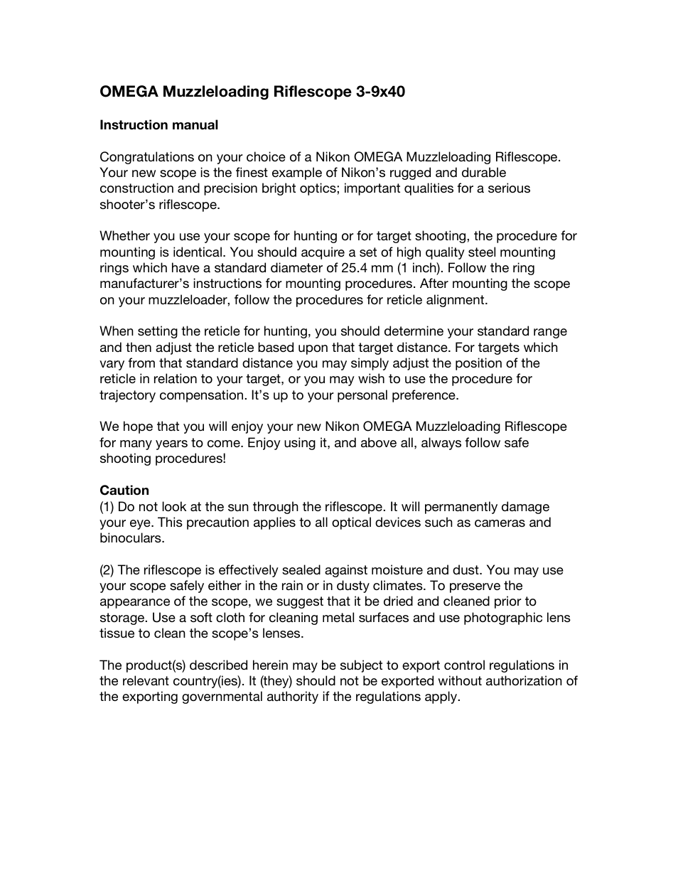 Nikon OMEGA Muzzleloading 3-9x40 User Manual | 4 pages