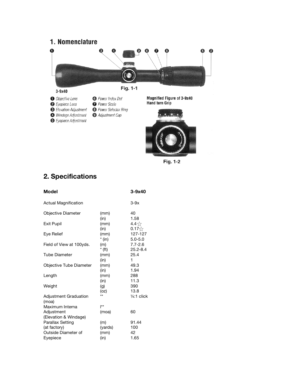 Specifications | Nikon OMEGA Muzzleloading 3-9x40 User Manual | Page 2 / 4
