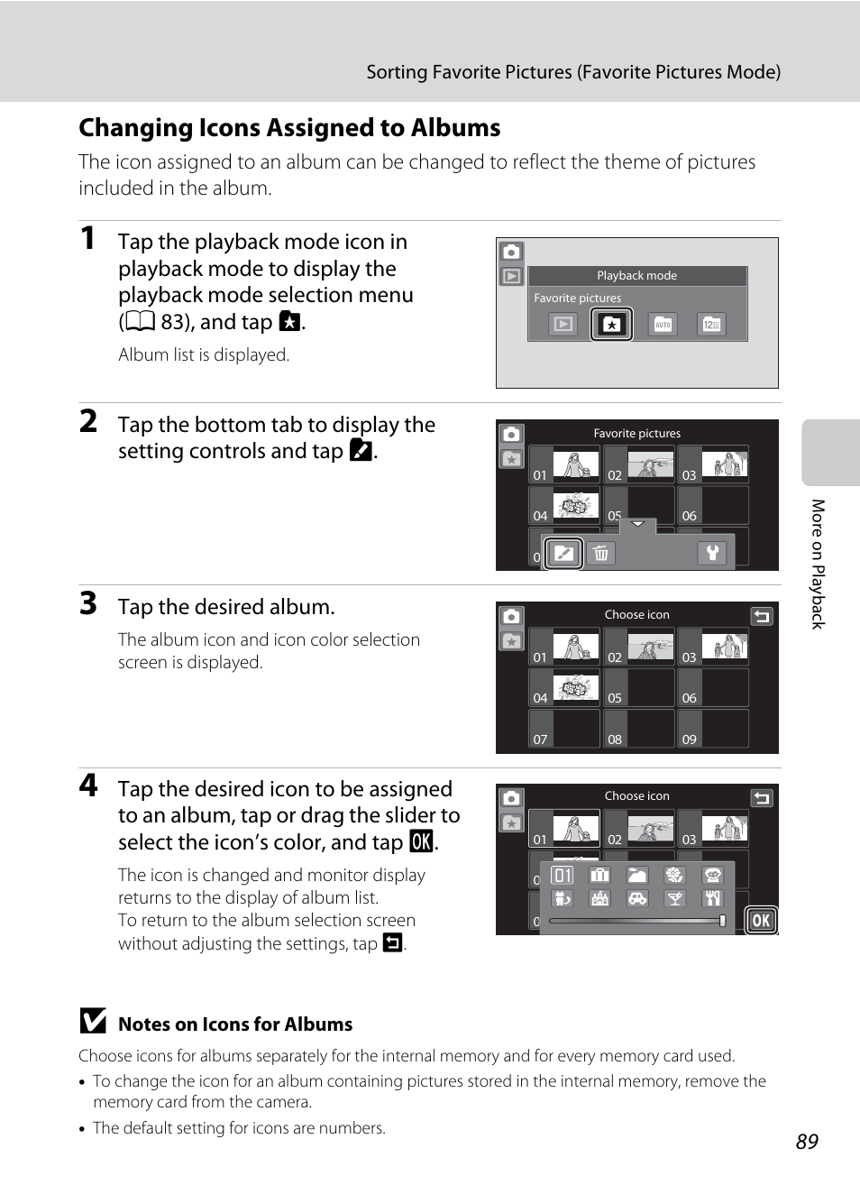 Changing icons assigned to albums, Tap the desired album | Nikon Coolpix S80 User Manual | Page 101 / 204