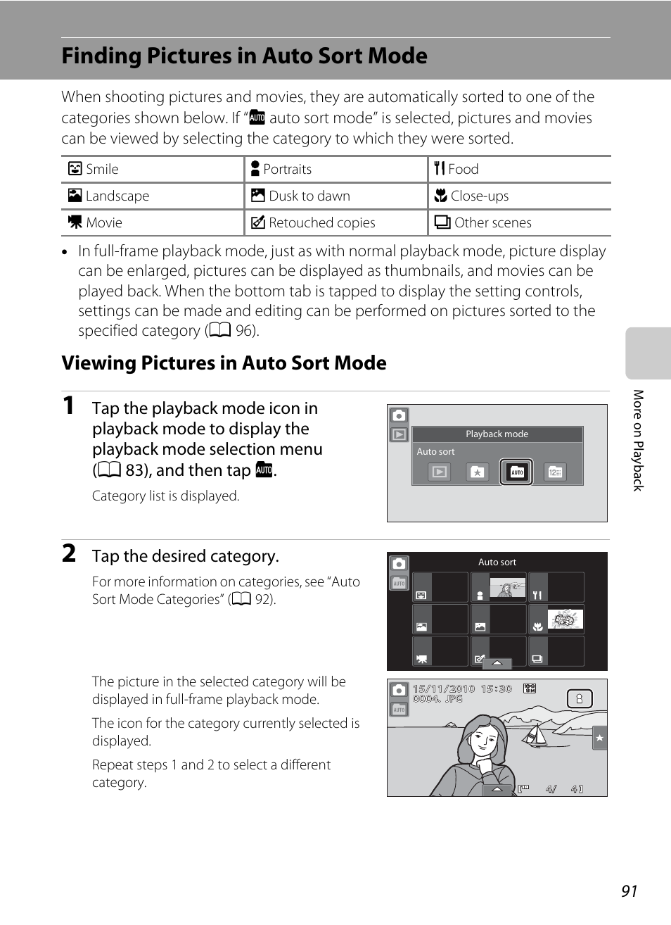 Finding pictures in auto sort mode, Viewing pictures in auto sort mode, A 91) | A 91, Tap the desired category | Nikon Coolpix S80 User Manual | Page 103 / 204