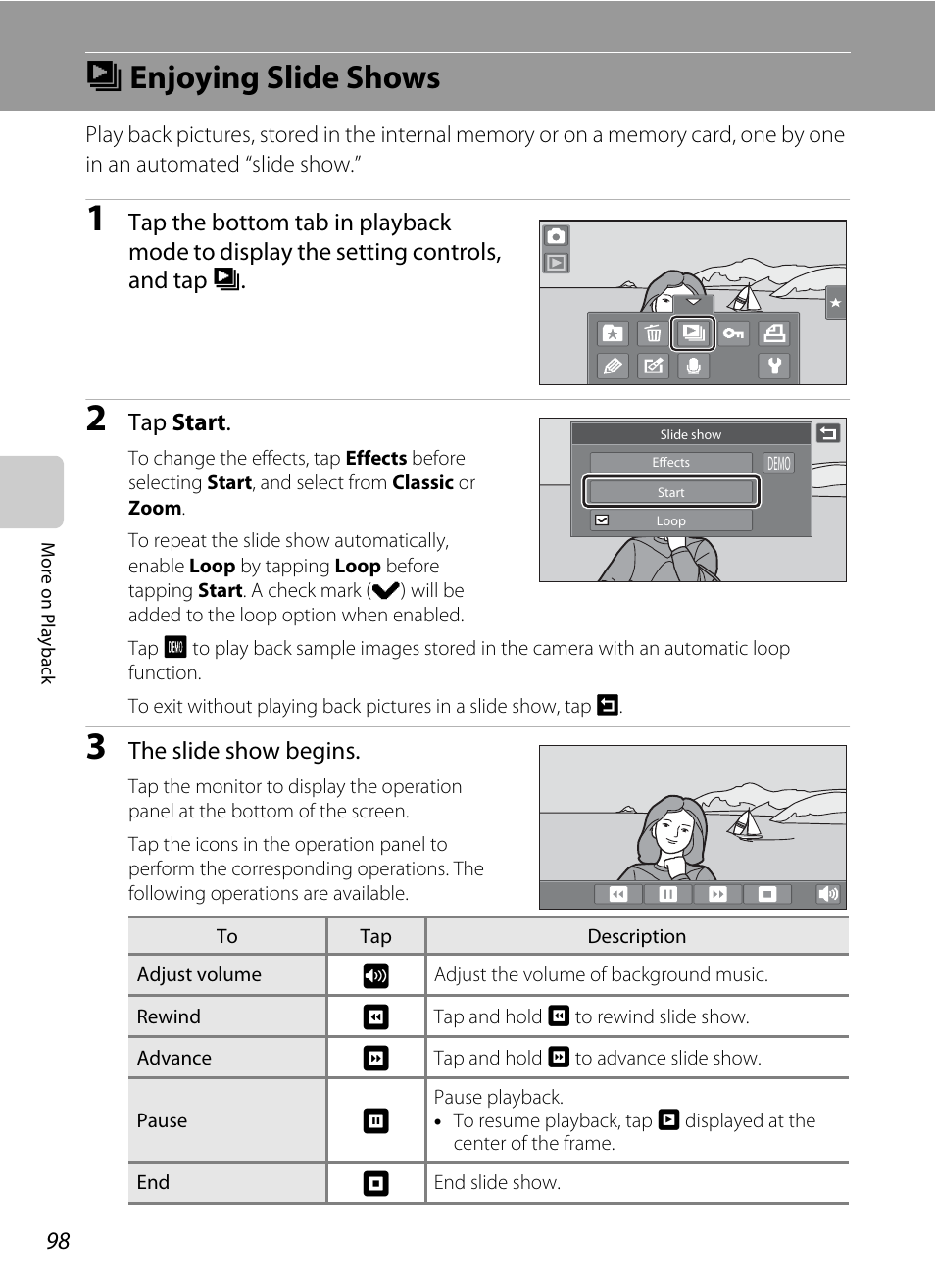 Enjoying slide shows, B enjoying slide shows | Nikon Coolpix S80 User Manual | Page 110 / 204