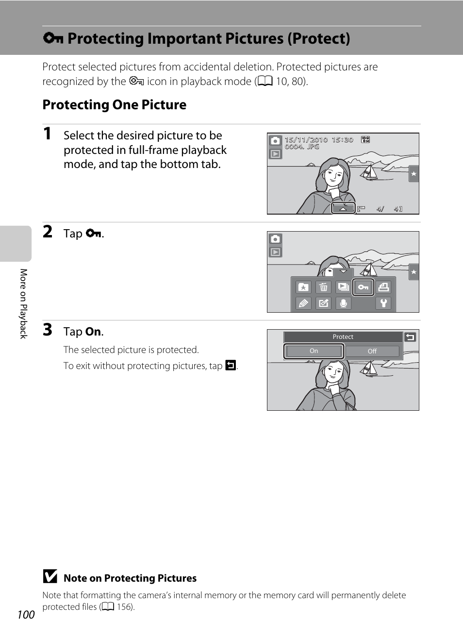 Protecting important pictures (protect), Protecting one picture, D protecting important pictures (protect) | A 100), Tap d, Tap on | Nikon Coolpix S80 User Manual | Page 112 / 204