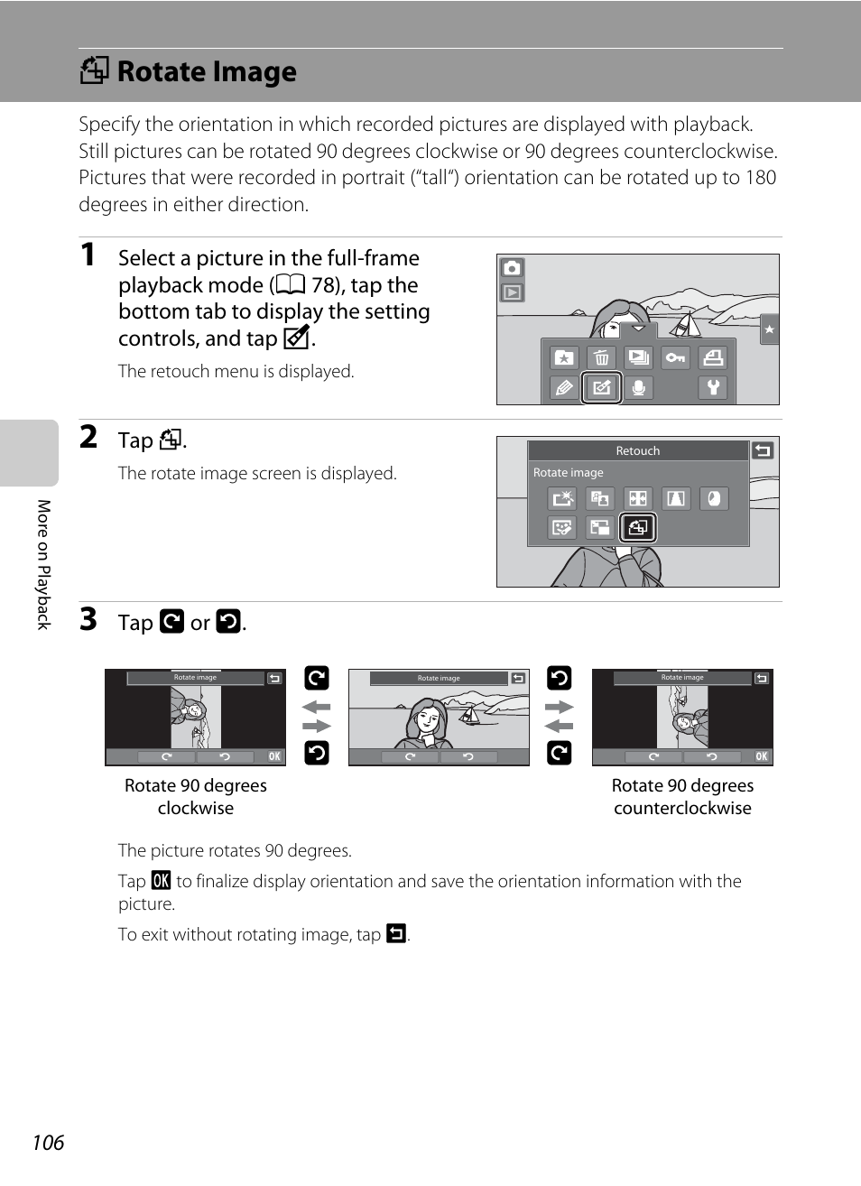 Rotate image, F rotate image, A 106 | A 106) | Nikon Coolpix S80 User Manual | Page 118 / 204