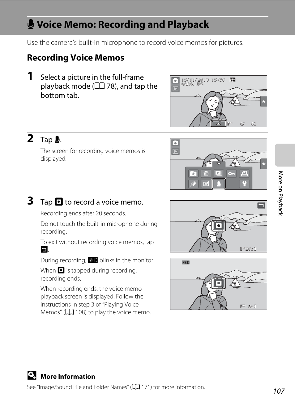 Voice memo: recording and playback, Recording voice memos, E voice memo: recording and playback | Tap e | Nikon Coolpix S80 User Manual | Page 119 / 204